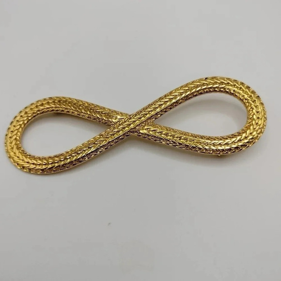 INFINITY Symbol Figure 8 Brooch Vintage Pin Textured Gold tone 3.5" Signed MONET - Picture 3 of 6